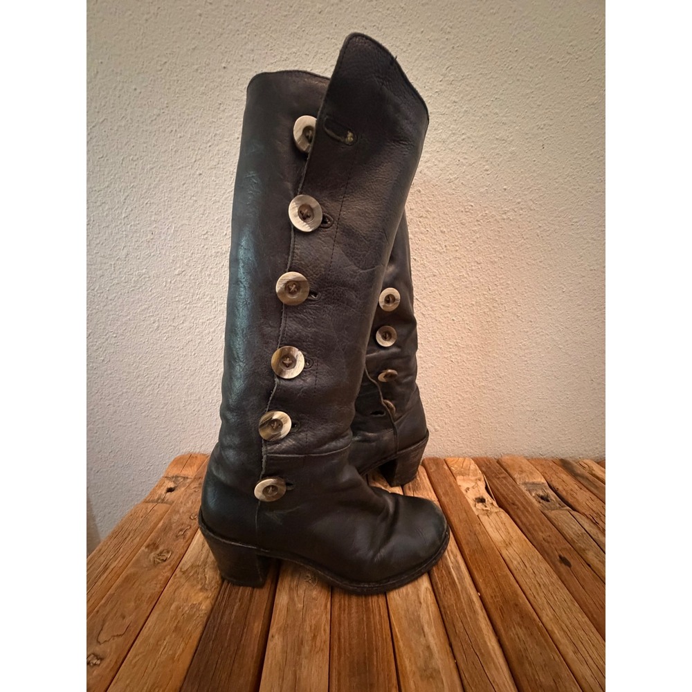 Florentini + Baker Tall Leather Boots 39 Black Side Button Italian Made